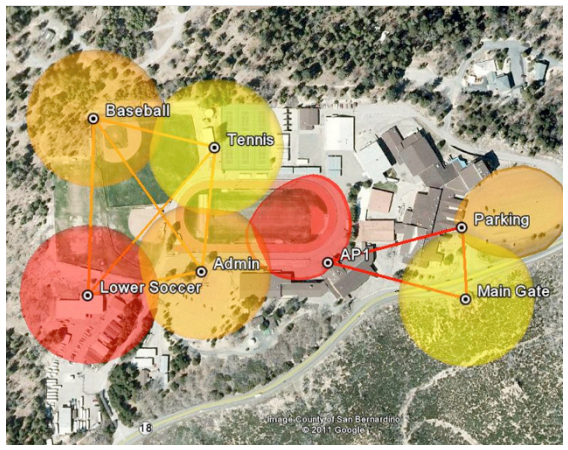 Designers can easily visualize both the Wi-Fi client coverage and the mesh backhaul links.